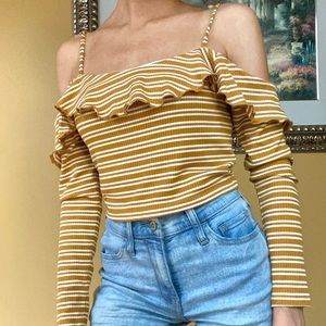Off the shoulder mustard yellow striped ruffle crop top
